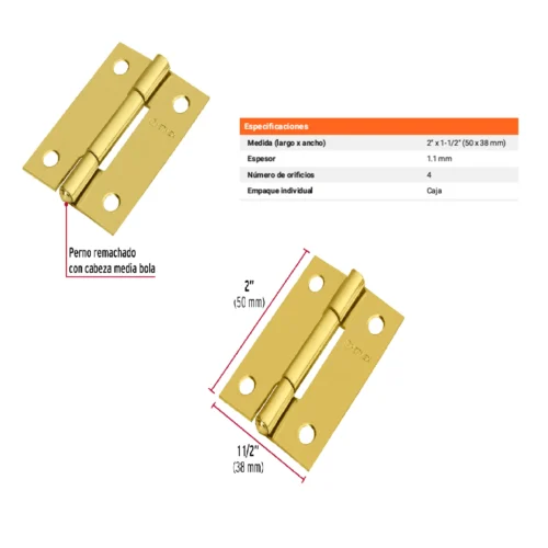 Bisagra rectangular 2" x 1 1/2", cabeza media bola, color dorado (caja de 20 unidades)