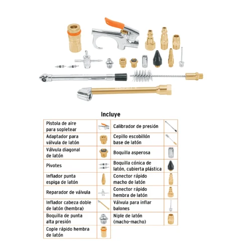 Juego de 18 accesorios neumáticos para limpiar, inflar y calibrar