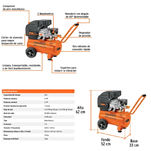 Compresora horizontal Truper 25 L 2 HP 220 V