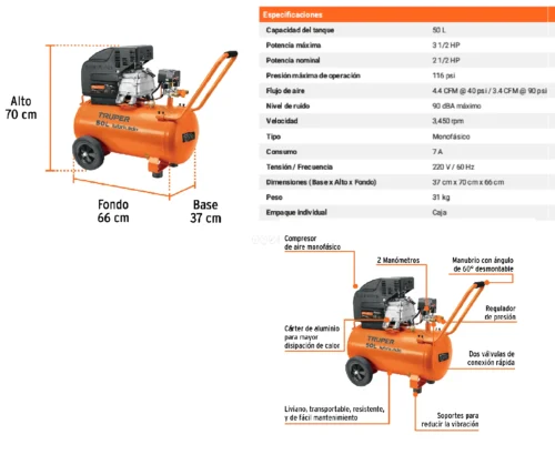 compresor 50L - 2 Compresora horizontal Truper 50 L 2.5 HP 220 V