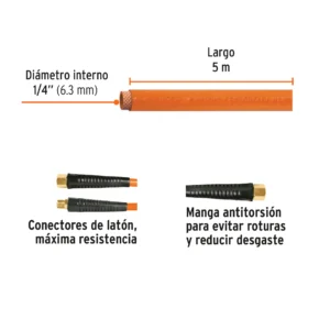 Manguera de PVC para compresora de 1/4" x 5 m, 300 PSI máx.
